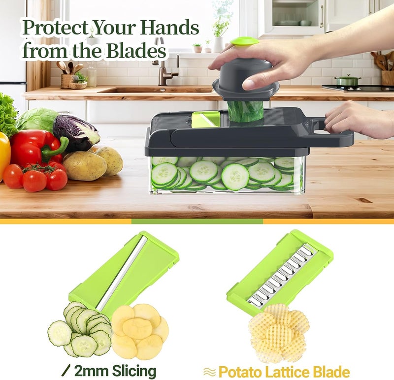StoreHappily 12-in-1 Vegetable Chopper, 7 Blades Veggie Chopper with Container and Lid, Dicer, Slicer, Multifunctional Kitchen Gadgets, Vegetable Cutter with Handle, Onion Cutter(Green/Grey) - Image 4