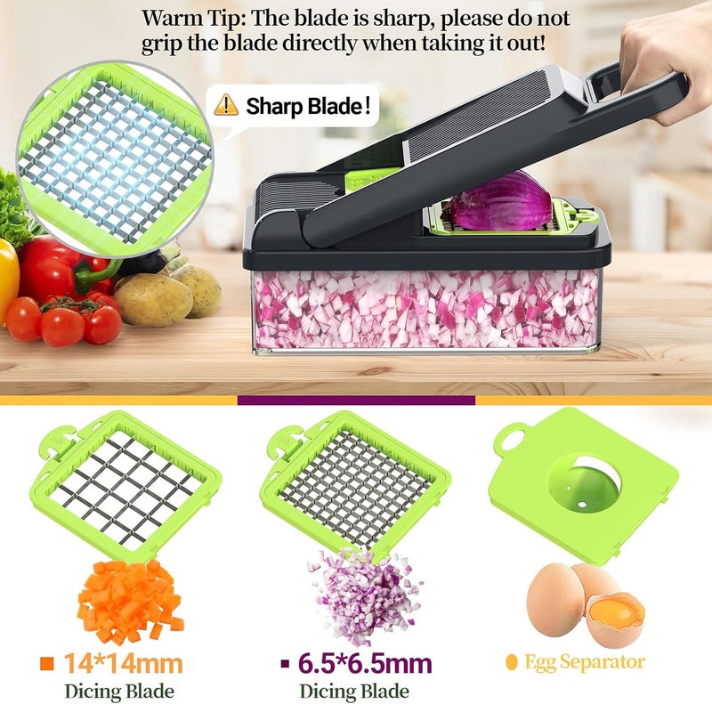 StoreHappily 12-in-1 Vegetable Chopper, 7 Blades Veggie Chopper with Container and Lid, Dicer, Slicer, Multifunctional Kitchen Gadgets, Vegetable Cutter with Handle, Onion Cutter(Green/Grey) - Image 3