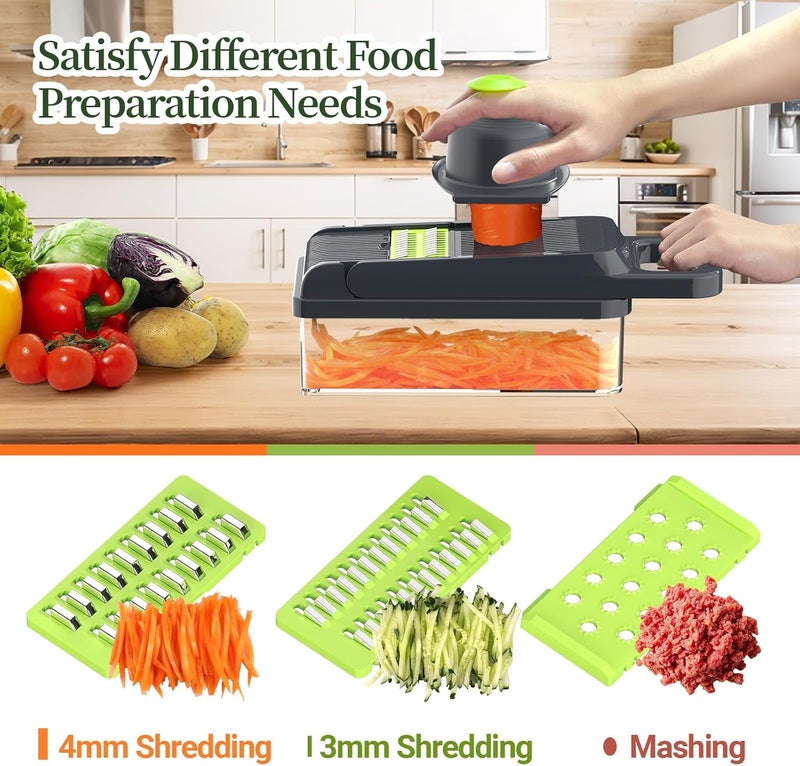 StoreHappily 12-in-1 Vegetable Chopper, 7 Blades Veggie Chopper with Container and Lid, Dicer, Slicer, Multifunctional Kitchen Gadgets, Vegetable Cutter with Handle, Onion Cutter(Green/Grey) - Image 5