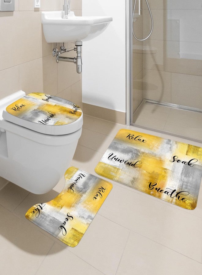 Ufeela 4 PCS Yellow Grey Shower Curtain Set, Modern Abstract Brush Complete Bathroom Sets Toilet Lid Cover Nonslip U Shape Mat, 72Wx72H Inch Oil Print Contemporary Rug Set Accessories with 12 Hooks - Image 2
