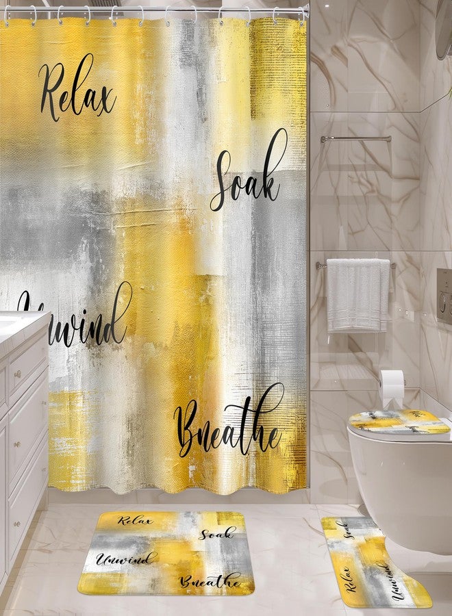 Ufeela 4 PCS Yellow Grey Shower Curtain Set, Modern Abstract Brush Complete Bathroom Sets Toilet Lid Cover Nonslip U Shape Mat, 72Wx72H Inch Oil Print Contemporary Rug Set Accessories with 12 Hooks - Image 3