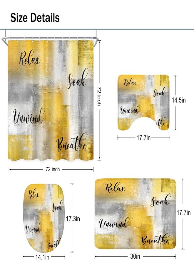 Ufeela 4 PCS Yellow Grey Shower Curtain Set, Modern Abstract Brush Complete Bathroom Sets Toilet Lid Cover Nonslip U Shape Mat, 72Wx72H Inch Oil Print Contemporary Rug Set Accessories with 12 Hooks - Image 4