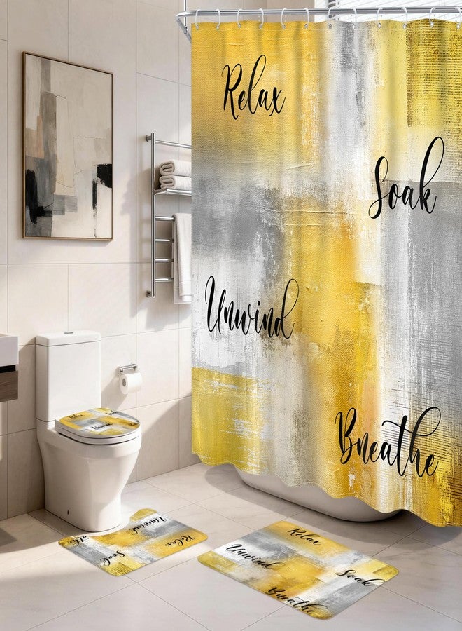 Ufeela 4 PCS Yellow Grey Shower Curtain Set, Modern Abstract Brush Complete Bathroom Sets Toilet Lid Cover Nonslip U Shape Mat, 72Wx72H Inch Oil Print Contemporary Rug Set Accessories with 12 Hooks - Image 1