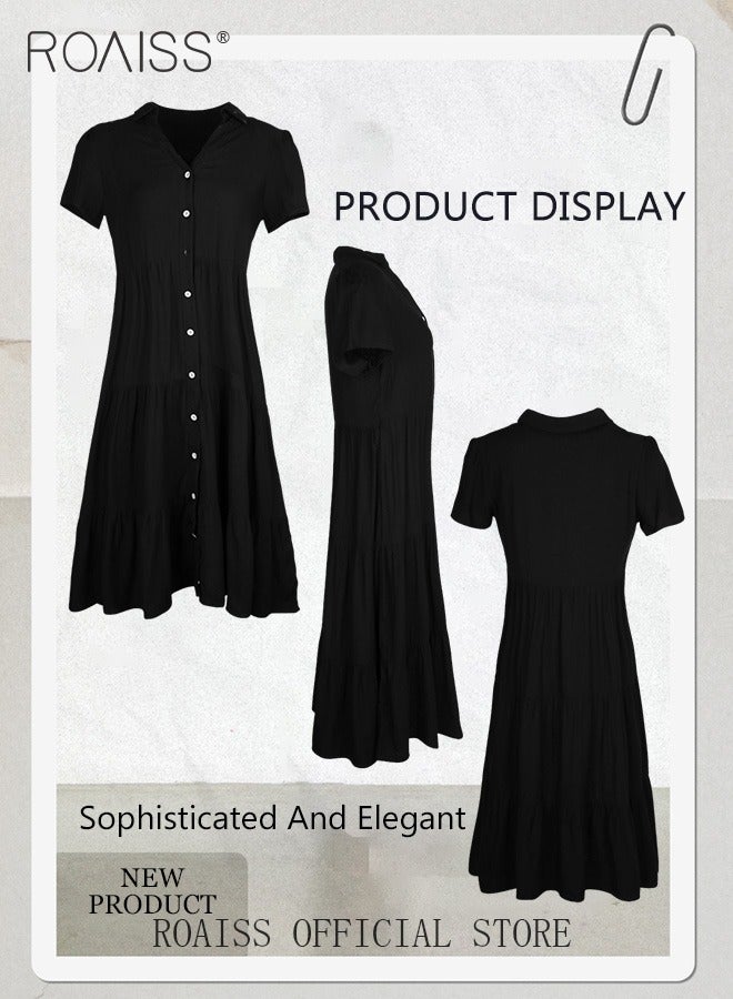 roaiss Button Layered Ruffle Hem Shirt Dress for Women with Belt and Shoulder Bag Ladies Fashionable Temperament Lapel Dresses Women's Mid-Length Solid Color Exquisite Skirt - Image 5
