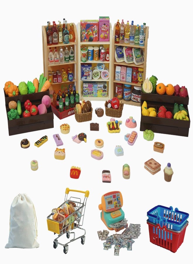 Kimo 180Pcs Mini Shopping Cart Playset - Pretend Grocery Dollhouse Accessories Toys with Miniature Cash Register, 2 Fruit-Veggie Stands, 3 Shelves, 100+ Play Food - Educational Role Play Toys for Toddlers - Image 1