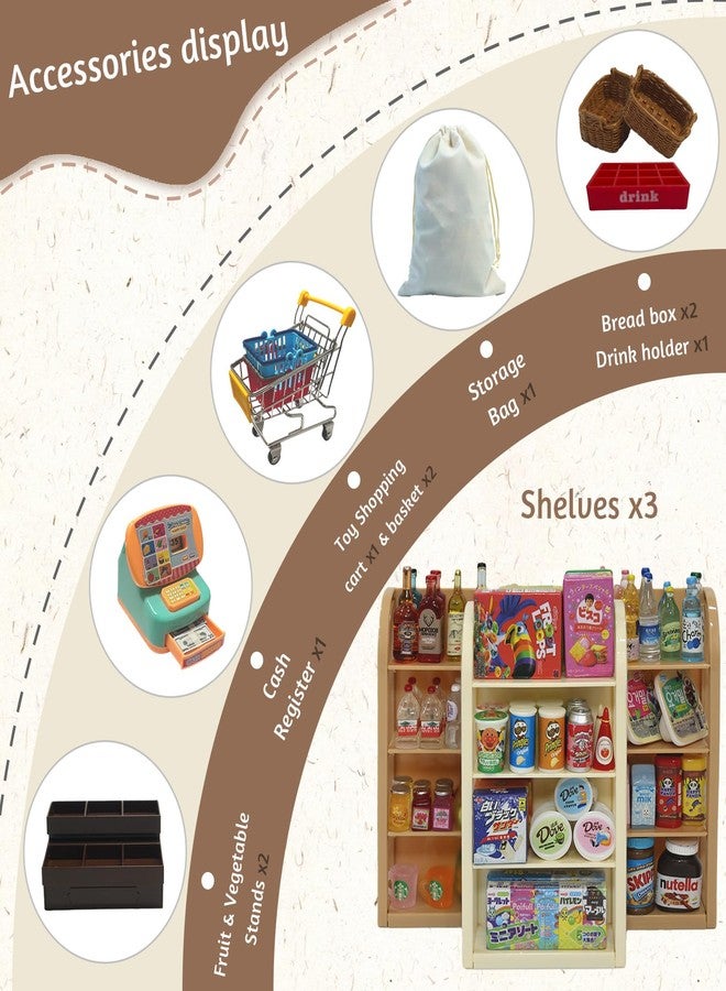 Kimo 180Pcs Mini Shopping Cart Playset - Pretend Grocery Dollhouse Accessories Toys with Miniature Cash Register, 2 Fruit-Veggie Stands, 3 Shelves, 100+ Play Food - Educational Role Play Toys for Toddlers - Image 2