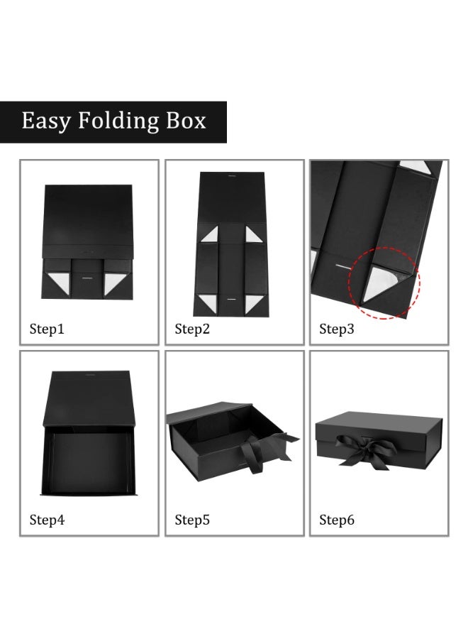Elegant One-Piece Black Folding Flip Top Gift Box with Bow - Large (13.0"x10.6"x4.7") - Corporate, Branded, Luxury Gift Box - Image 2