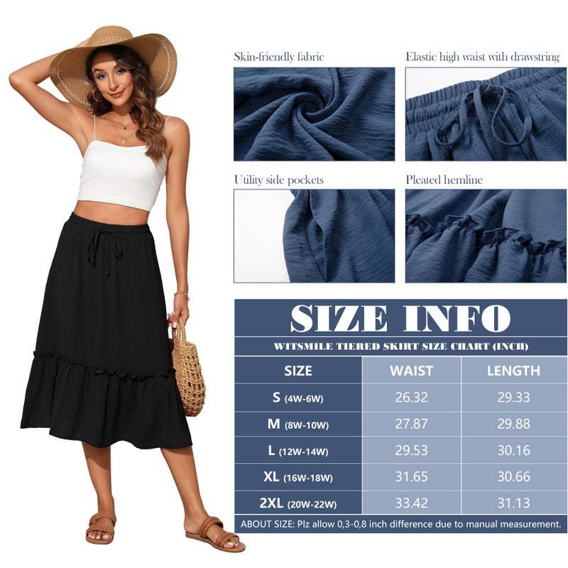 Witsmile Flowy Skirts for Women High Waisted Midi Skirt for Women Casual Knee Length Skirts with Pockets(Black,S) - Image 4