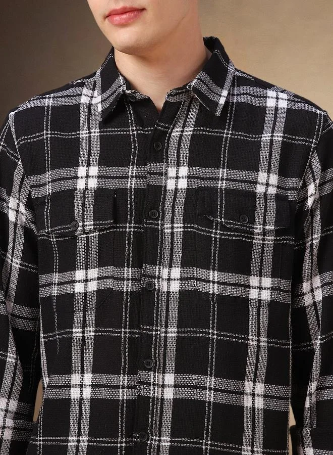 Dennis Lingo Dennis Lingo Checked Relaxed Fit Spread Collar Curved Hem Shirt