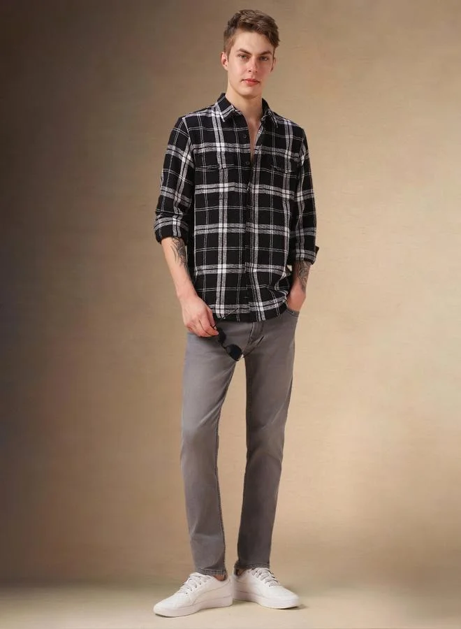 Dennis Lingo Dennis Lingo Checked Relaxed Fit Spread Collar Curved Hem Shirt