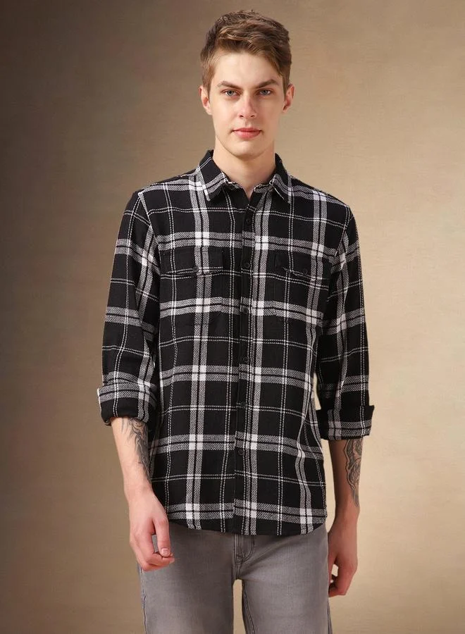 Dennis Lingo Dennis Lingo Checked Relaxed Fit Spread Collar Curved Hem Shirt