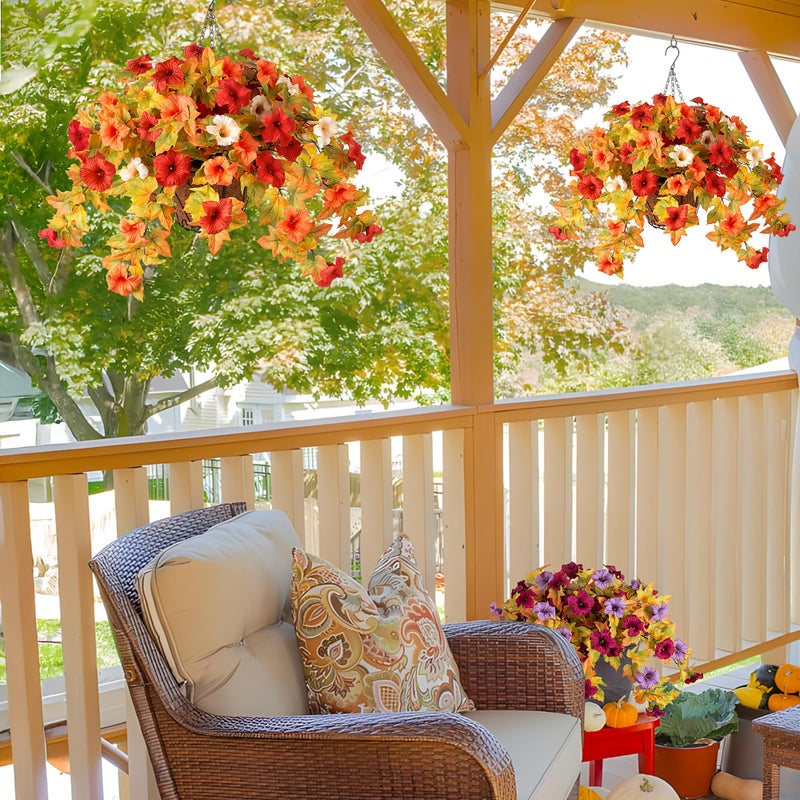 Ammyoo Artificial Fake Fall Flowers with Hanging Basket Plants for Outdoor Decoration, Silk Faux Flower UV Resistant Petunias for Home Porch Patio Garden Balcony Yard Decor Real Looking(Orange White) - Image 2