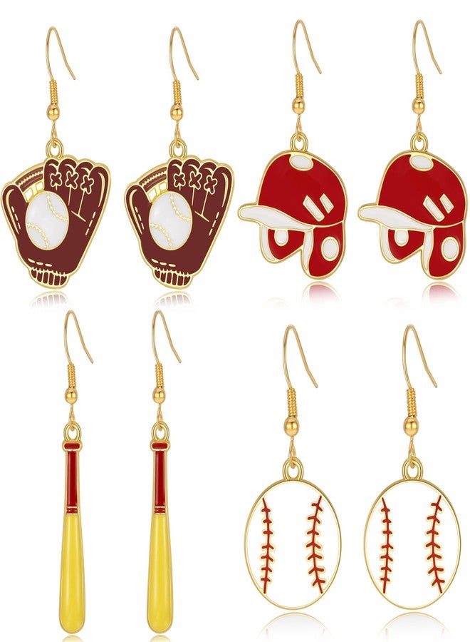 Wullina Baseball Earrings,4Pairs Stylish Baseball Earrings for Women Dangling Softball Earring Sports Jewelry for Women - Image 1