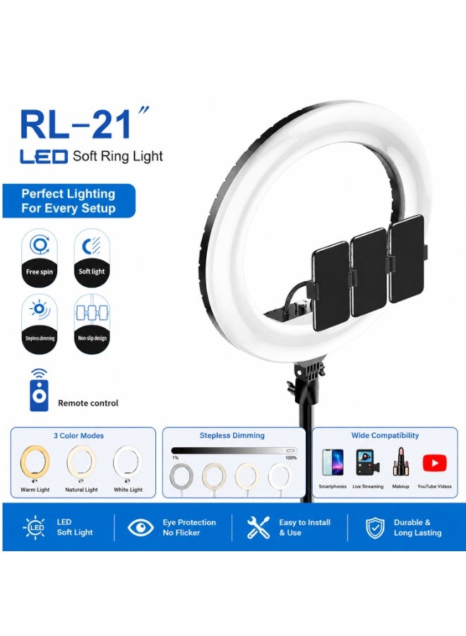 لاكوز إضاءة حلقية LED مقاس 21 بوصة مع حامل ثلاثي القوائم، و3 حوامل للهواتف، وجهاز تحكم عن بعد - إضاءة حلقية قابلة للتعتيم للبث المباشر، وتسجيل الفيديو، والتصوير الفوتوغرافي، والمكياج، وإنشاء المحتوى - Image 3