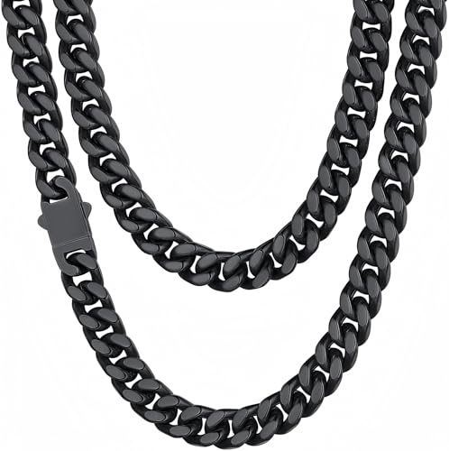 ChainsHouse Mens Cuban Link Chain, Black Miami Cuban Chain Necklace for Men, 9mm Wide Hip Hop Mens Jewelry, 22" - Image 1
