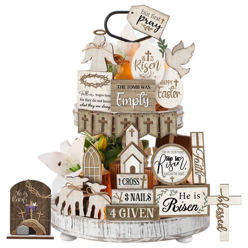 Yuntau 24 Pcs Easter Tiered Tray Decor Religious Easter Decorations He is Risen Cross Tray Decoration Sets Christian Cross Table Wooden Sign Farmhouse Table Decor for Home Kitchen Office Holiday - Image 1