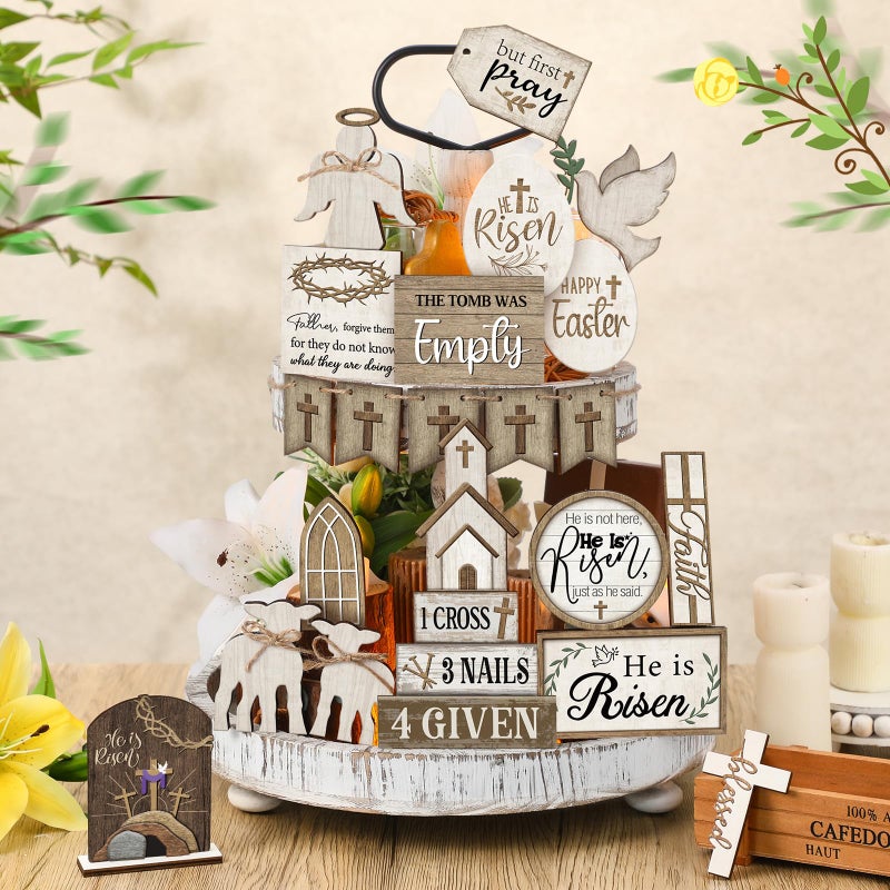 Yuntau 24 Pcs Easter Tiered Tray Decor Religious Easter Decorations He is Risen Cross Tray Decoration Sets Christian Cross Table Wooden Sign Farmhouse Table Decor for Home Kitchen Office Holiday - Image 4