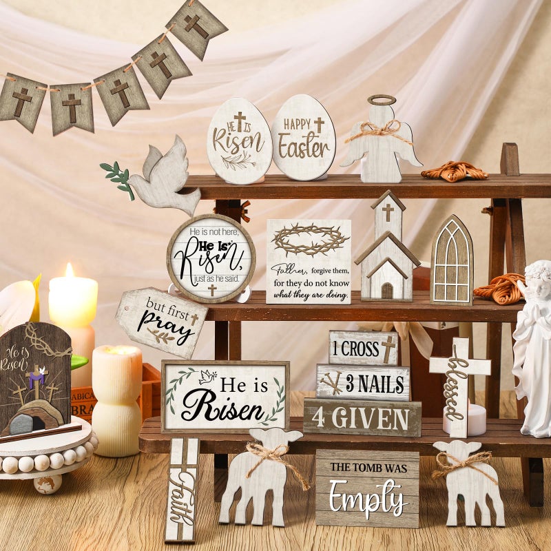 Yuntau 24 Pcs Easter Tiered Tray Decor Religious Easter Decorations He is Risen Cross Tray Decoration Sets Christian Cross Table Wooden Sign Farmhouse Table Decor for Home Kitchen Office Holiday - Image 2