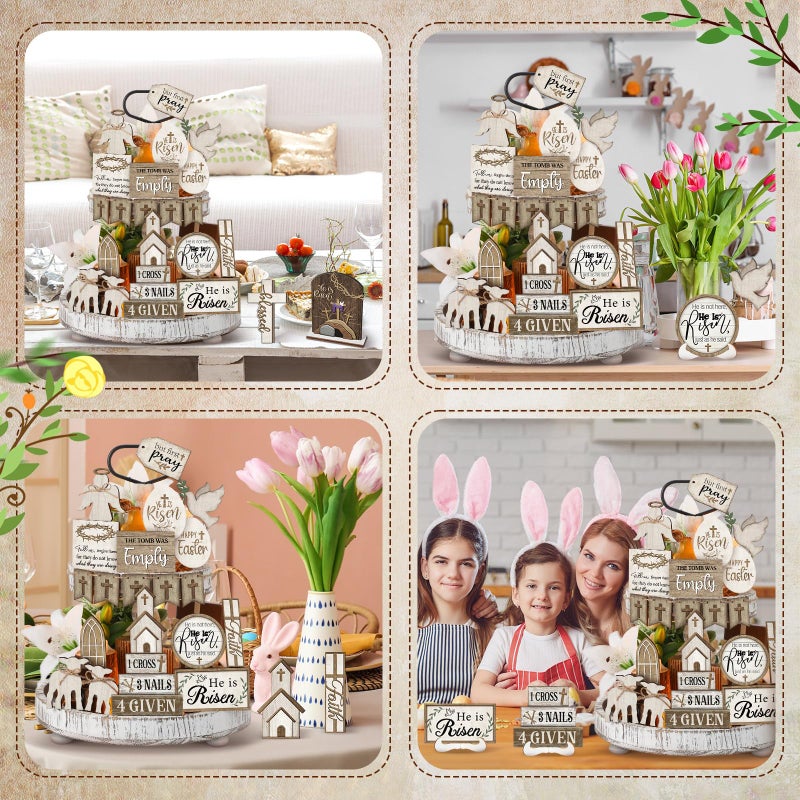 Yuntau 24 Pcs Easter Tiered Tray Decor Religious Easter Decorations He is Risen Cross Tray Decoration Sets Christian Cross Table Wooden Sign Farmhouse Table Decor for Home Kitchen Office Holiday - Image 3