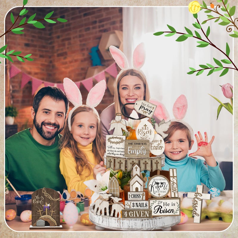 Yuntau 24 Pcs Easter Tiered Tray Decor Religious Easter Decorations He is Risen Cross Tray Decoration Sets Christian Cross Table Wooden Sign Farmhouse Table Decor for Home Kitchen Office Holiday - Image 5