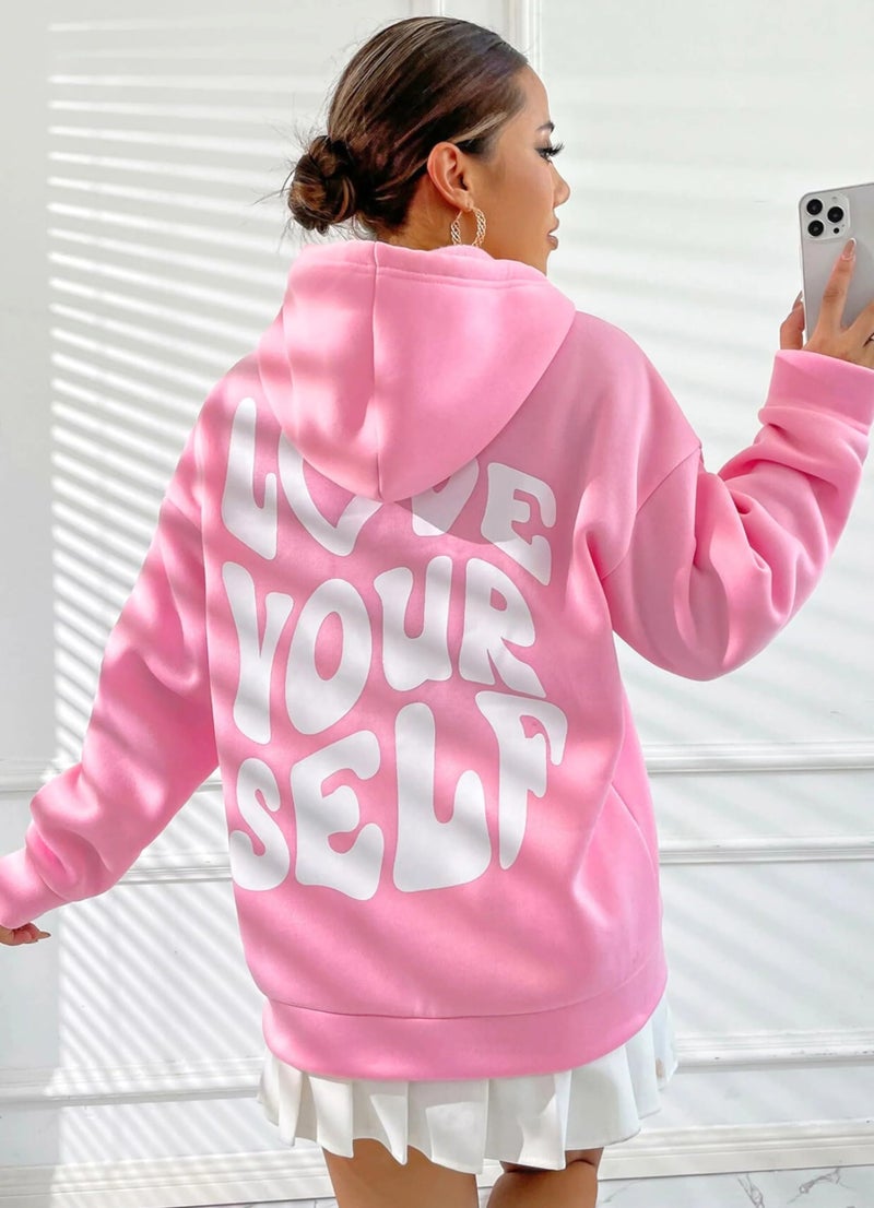 THALASI Women Back Printed Oversized Pink Sweatshirts with Hoodies - Cotton Winter Hoodies with Stylish Chest Pocket and Aesthetic Vibes & Full Sleeve Winter Wear for Women - Image 2
