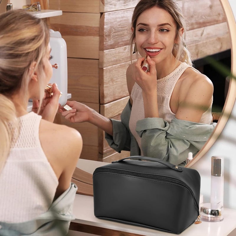 Waterproof PU Leather Cosmetic Bag for Women - Large Capacity Makeup Organizer Pouch - Portable Travel Toiletry Storage Bag with Handle - Beige - Image 4