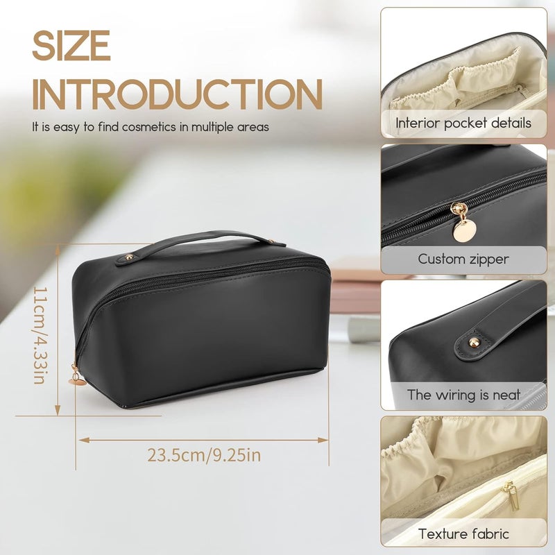 Waterproof PU Leather Cosmetic Bag for Women - Large Capacity Makeup Organizer Pouch - Portable Travel Toiletry Storage Bag with Handle - Beige - Image 2