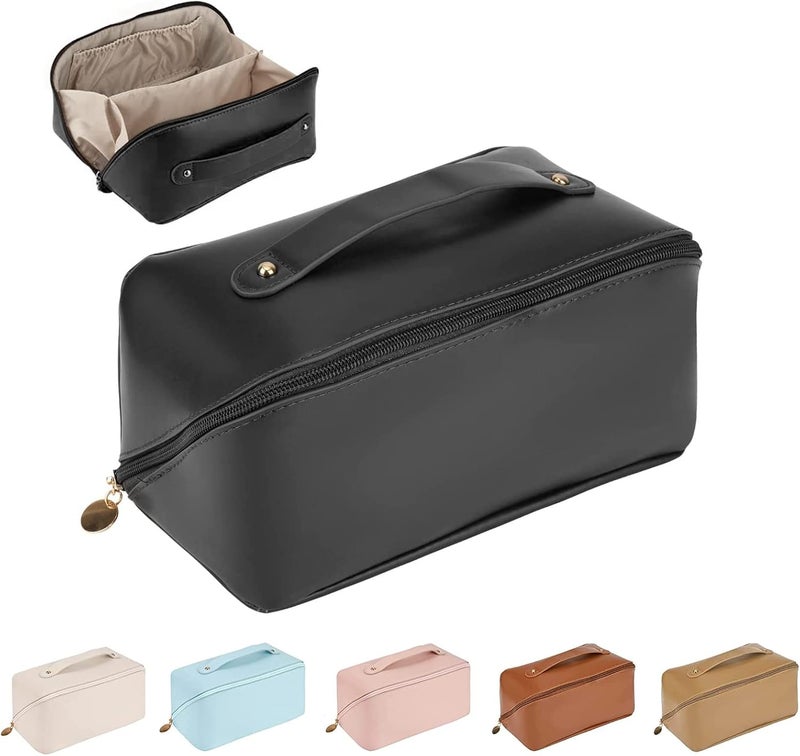 Waterproof PU Leather Cosmetic Bag for Women - Large Capacity Makeup Organizer Pouch - Portable Travel Toiletry Storage Bag with Handle - Beige - Image 1