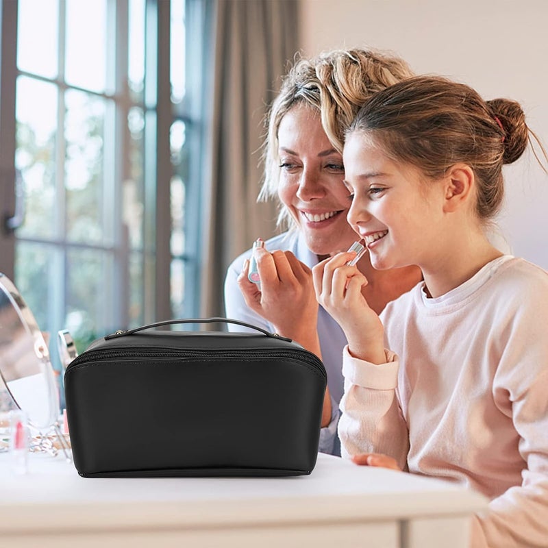 Waterproof PU Leather Cosmetic Bag for Women - Large Capacity Makeup Organizer Pouch - Portable Travel Toiletry Storage Bag with Handle - Beige - Image 5