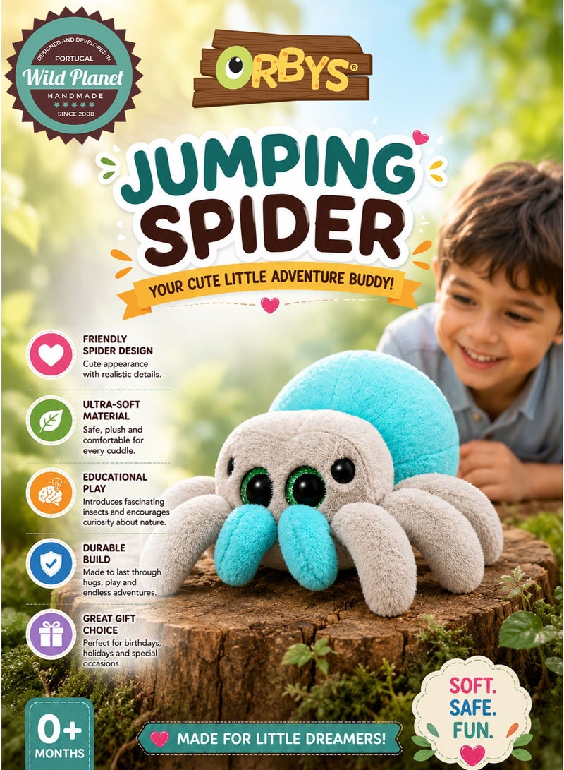 Wild Planet Orbys Jumping Spider Plush Toy, Soft Blue and Grey Stuffed Animal with Sparkling Expressive Eyes, Compact 18 × 18 × 10 cm Wildlife-Inspired Cuddle Companion for Imaginative Play, Storytelling, Nursery Display and Gifting, Suitable from 0+ Months - Image 1