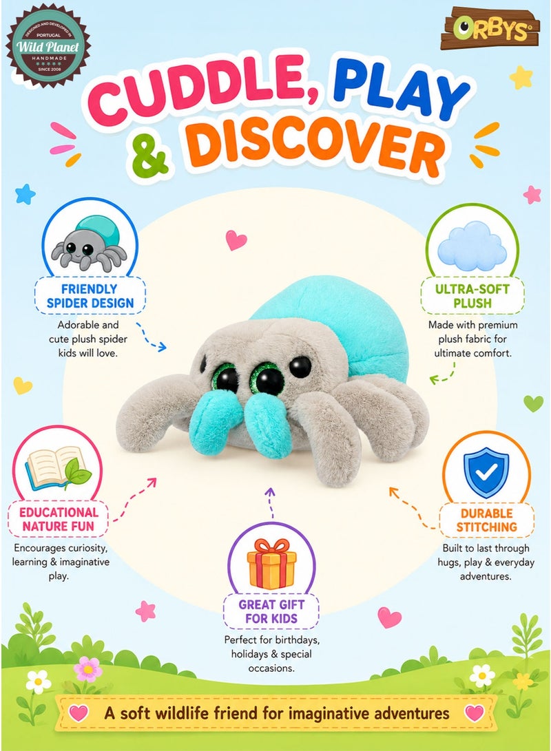 Wild Planet Orbys Jumping Spider Plush Toy, Soft Blue and Grey Stuffed Animal with Sparkling Expressive Eyes, Compact 18 × 18 × 10 cm Wildlife-Inspired Cuddle Companion for Imaginative Play, Storytelling, Nursery Display and Gifting, Suitable from 0+ Months - Image 2