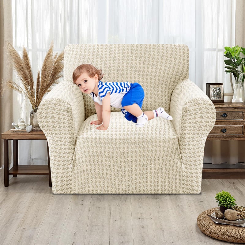 MAXIJIN Stretch Sofa Chair Slipcovers with Arms (31"-46 Washable Chair Cover Armchair with Non-Slip Foam & Elastic Bottom, Dog Cat Pet Friendly Furniture Protector (Small, Beige) - Image 1