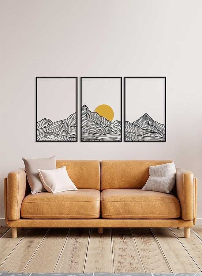 رَوَائِد فن جداري جبلي، ديكور حائط معدني بتصميم جبال وخط الشمس، باللون الأسود، زخارف منزلية تجريدية وبسيطة بطابع ريفي وطبيعي، مناسبة للحمام، غرفة المعيشة، وهدايا. - Image 1
