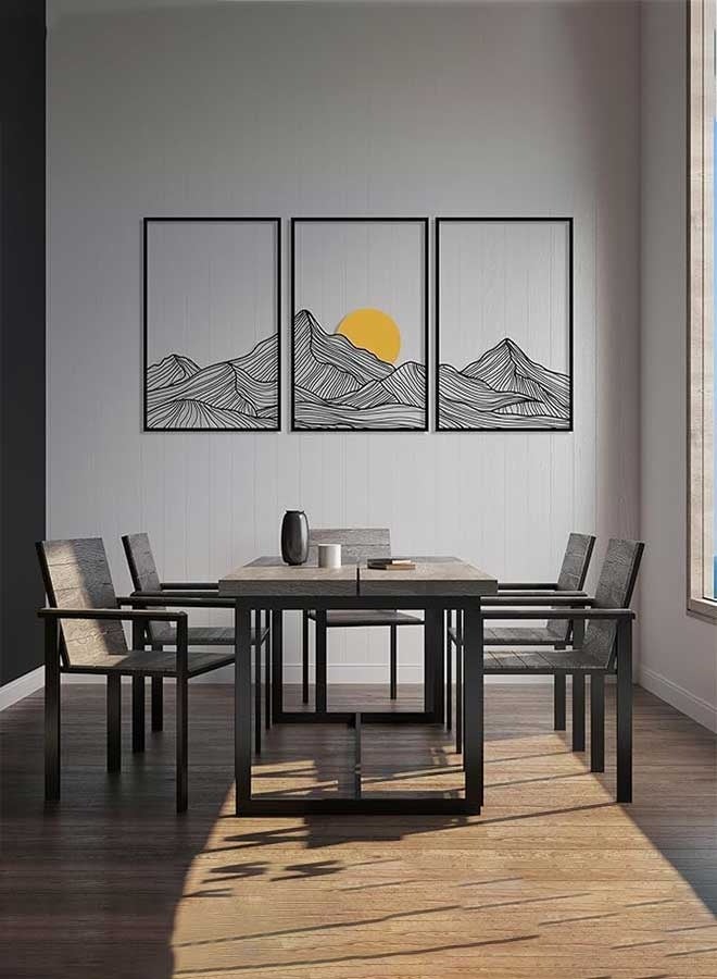 رَوَائِد فن جداري جبلي، ديكور حائط معدني بتصميم جبال وخط الشمس، باللون الأسود، زخارف منزلية تجريدية وبسيطة بطابع ريفي وطبيعي، مناسبة للحمام، غرفة المعيشة، وهدايا. - Image 2