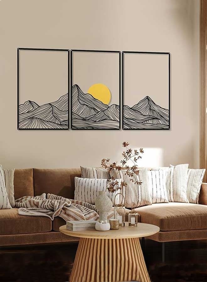 رَوَائِد فن جداري جبلي، ديكور حائط معدني بتصميم جبال وخط الشمس، باللون الأسود، زخارف منزلية تجريدية وبسيطة بطابع ريفي وطبيعي، مناسبة للحمام، غرفة المعيشة، وهدايا. - Image 3