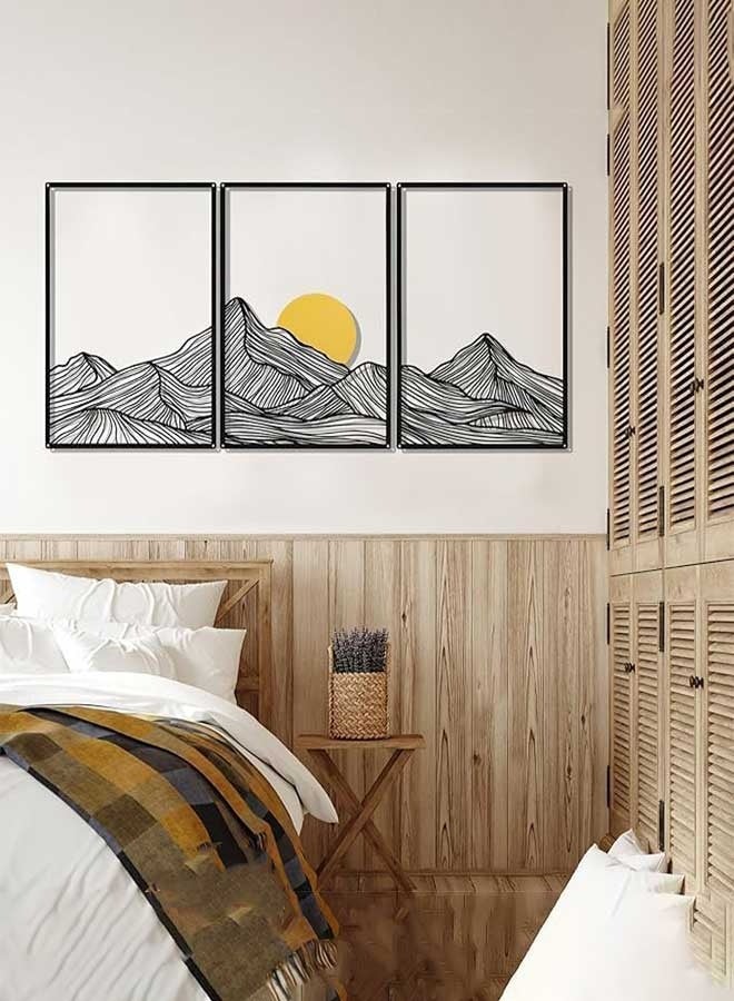 رَوَائِد فن جداري جبلي، ديكور حائط معدني بتصميم جبال وخط الشمس، باللون الأسود، زخارف منزلية تجريدية وبسيطة بطابع ريفي وطبيعي، مناسبة للحمام، غرفة المعيشة، وهدايا. - Image 4