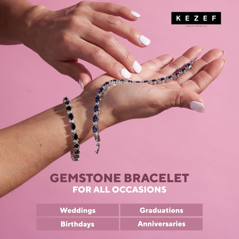 KEZEF Tennis Bracelets For Women - Cubic Zirconia - Oval 7x5mm Black Gemstones - Round 2.50mm White CZ - Silver Plated Brass - 7 Inch - Hypoallergenic Bracelets - Image 4