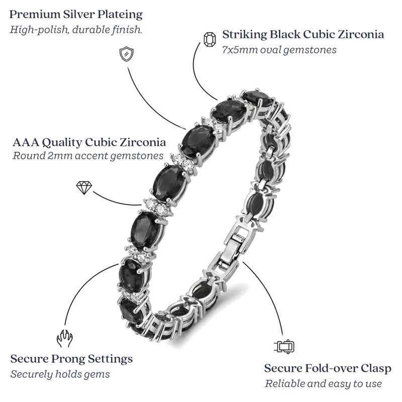 KEZEF Tennis Bracelets For Women - Cubic Zirconia - Oval 7x5mm Black Gemstones - Round 2.50mm White CZ - Silver Plated Brass - 7 Inch - Hypoallergenic Bracelets - Image 3