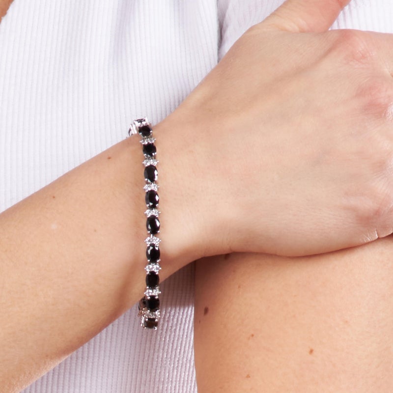 KEZEF Tennis Bracelets For Women - Cubic Zirconia - Oval 7x5mm Black Gemstones - Round 2.50mm White CZ - Silver Plated Brass - 7 Inch - Hypoallergenic Bracelets - Image 1