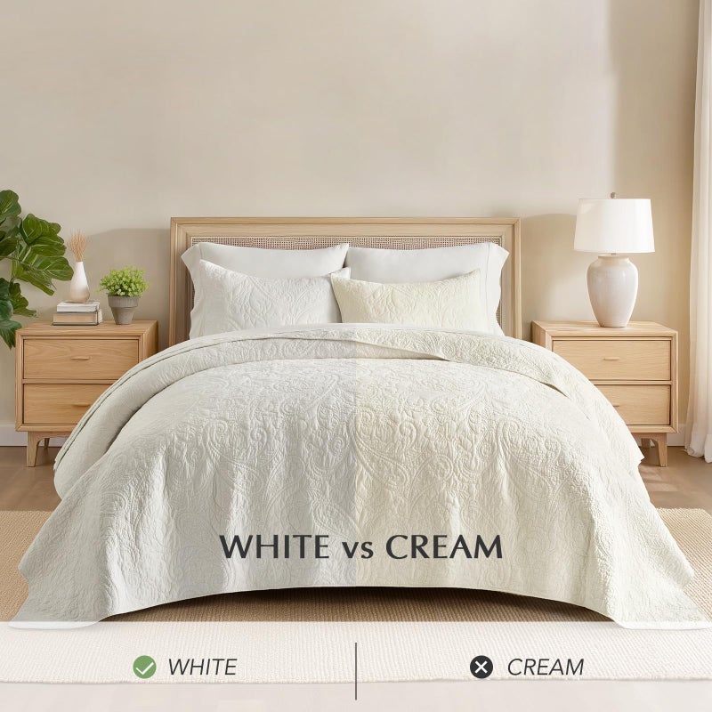 EVERGRACEHOME EVERGRACE 100% Cotton Paisley Quilt Set, Queen Size 3 Piece Set â€“ Prewashed Lightweight Bedspread with 2 Shams, Soft & Breathable Matelasse Coverlet for All-Season Comfort, Bright White - Image 5