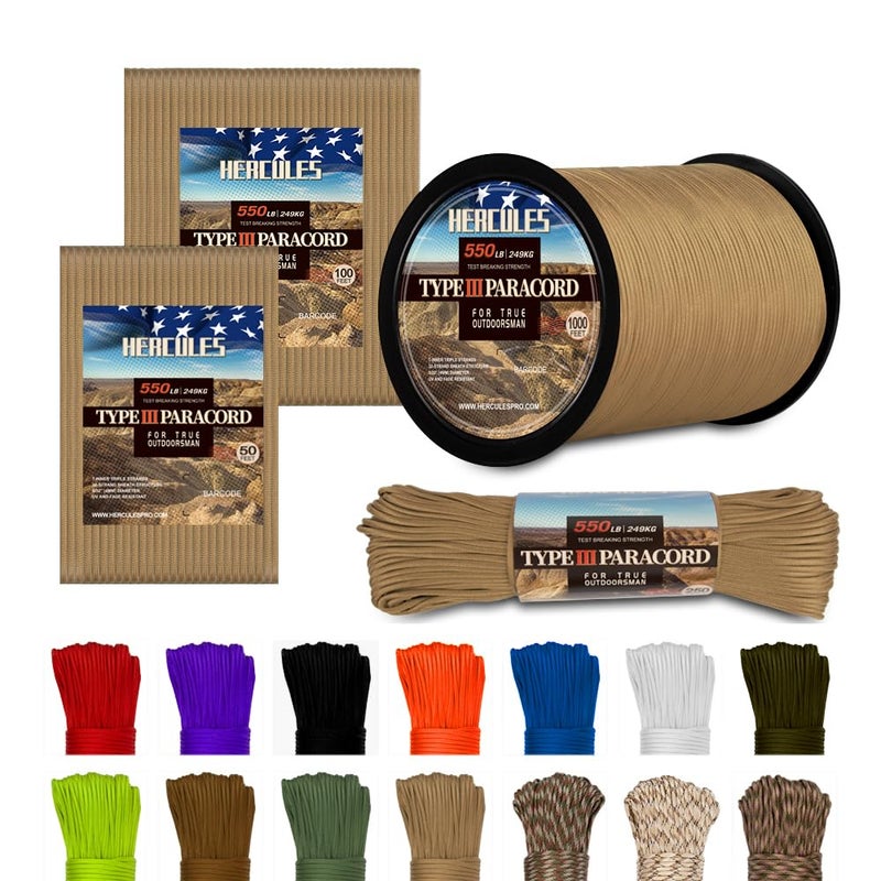HERCULES Type III Paracord 550 Paracord Rope Parachute Cord, 100' Desert Tan for Camping Cord, Survival Rope - Image 1