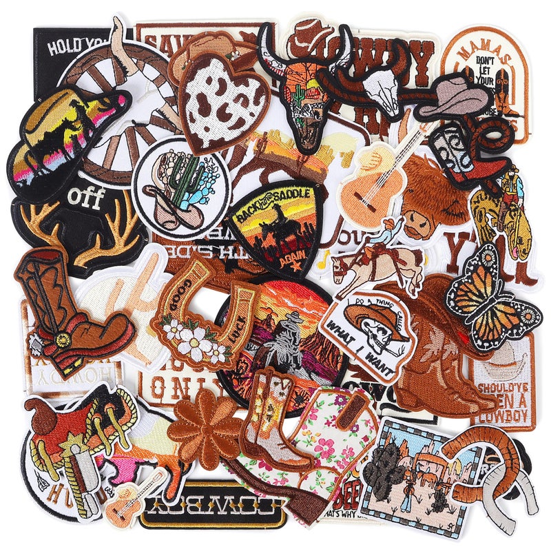 Meneng Western Embroidered Iron On Patches for Hats: Meneng 45Pcs Cowboy Sew On Applique Patches for Jackets Backpacks Clothing - Vintage Embroidery Patch for DIY Accessories - Image 1