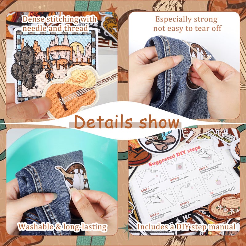 Meneng Western Embroidered Iron On Patches for Hats: Meneng 45Pcs Cowboy Sew On Applique Patches for Jackets Backpacks Clothing - Vintage Embroidery Patch for DIY Accessories - Image 4