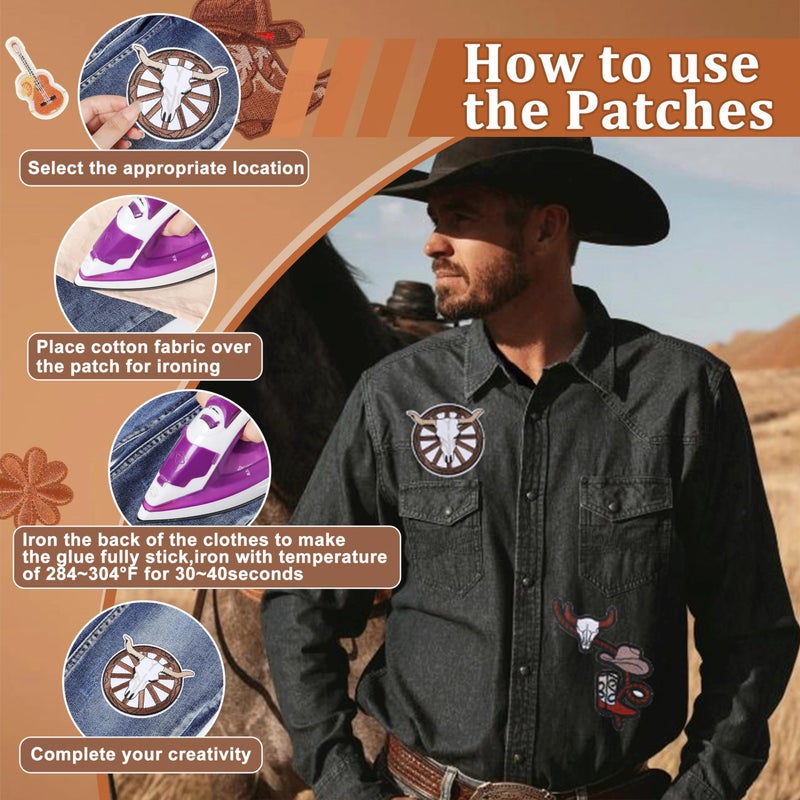Meneng Western Embroidered Iron On Patches for Hats: Meneng 45Pcs Cowboy Sew On Applique Patches for Jackets Backpacks Clothing - Vintage Embroidery Patch for DIY Accessories - Image 2