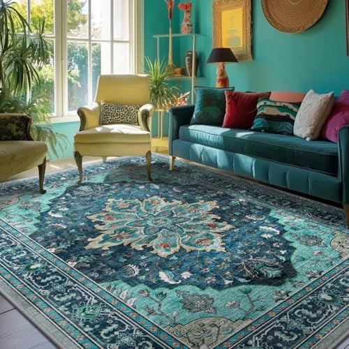RELEANY Area Rugs 5'x7' Washable Non-Slip, Floral Vintage Distress Print Pattern Medallion Carpet for Living Room Bedroom Dining Room, Teal Green Lake Blue Turquoise - Image 1