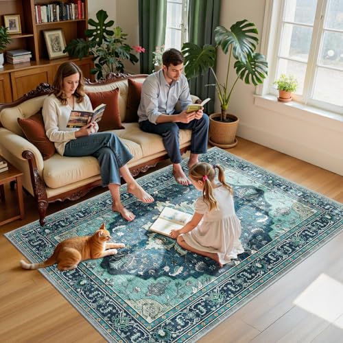 RELEANY Area Rugs 5'x7' Washable Non-Slip, Floral Vintage Distress Print Pattern Medallion Carpet for Living Room Bedroom Dining Room, Teal Green Lake Blue Turquoise - Image 3
