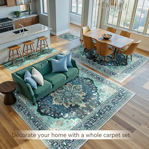 RELEANY Area Rugs 5'x7' Washable Non-Slip, Floral Vintage Distress Print Pattern Medallion Carpet for Living Room Bedroom Dining Room, Teal Green Lake Blue Turquoise - Image 4