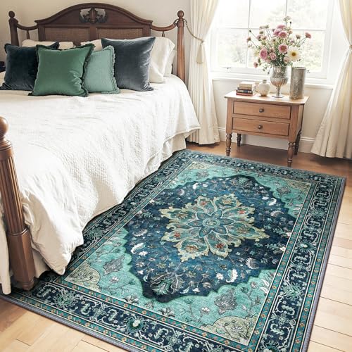 RELEANY Area Rugs 5'x7' Washable Non-Slip, Floral Vintage Distress Print Pattern Medallion Carpet for Living Room Bedroom Dining Room, Teal Green Lake Blue Turquoise - Image 2