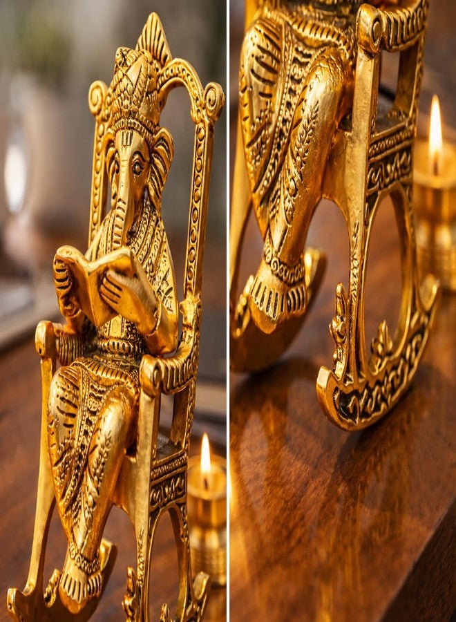 CHHARIYA CRAFTS تمثال غانيش المعدني من تشاريا كرافتس، يقرأ رامايانا، غانباتي جالس على كرسي مع تمثال كوبر ديا، مناسب للمنزل والمكتب والهدايا والديكورات والهدايا المؤسسية - قطعة فنية زخرفية - 14 سم (معدن، ذهبي) - Image 4