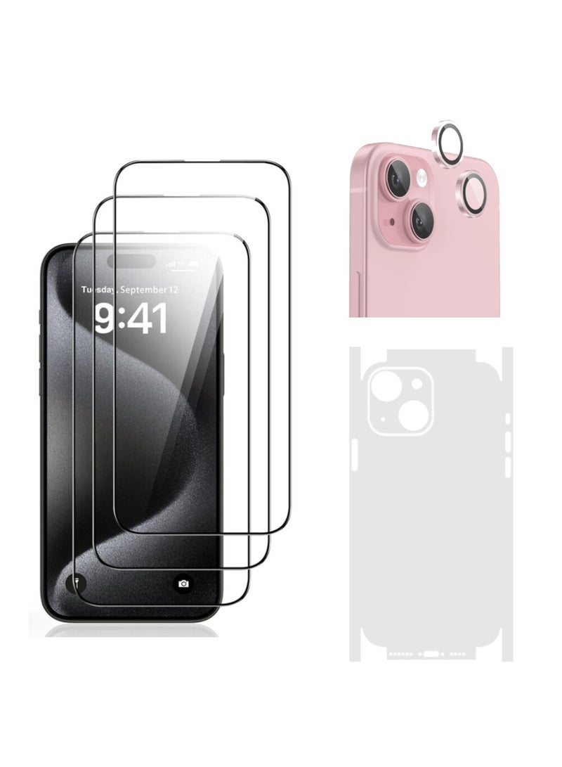 DIGI CORE iPhone 15 Plus Screen Protector 3 Pack 6.7 Inch 2.5D Curved Edges With iPhone 15 Plus Camera Lens Protector And Anti-Scratch iPhone Back PVC Clear Sheet Set (Pink, iPhone 15 Plus) - Image 1